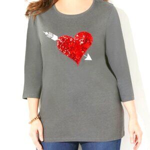 Catherine's Gray Cotton / Red Sequin Heart Valentine's Top- 5X- NWT